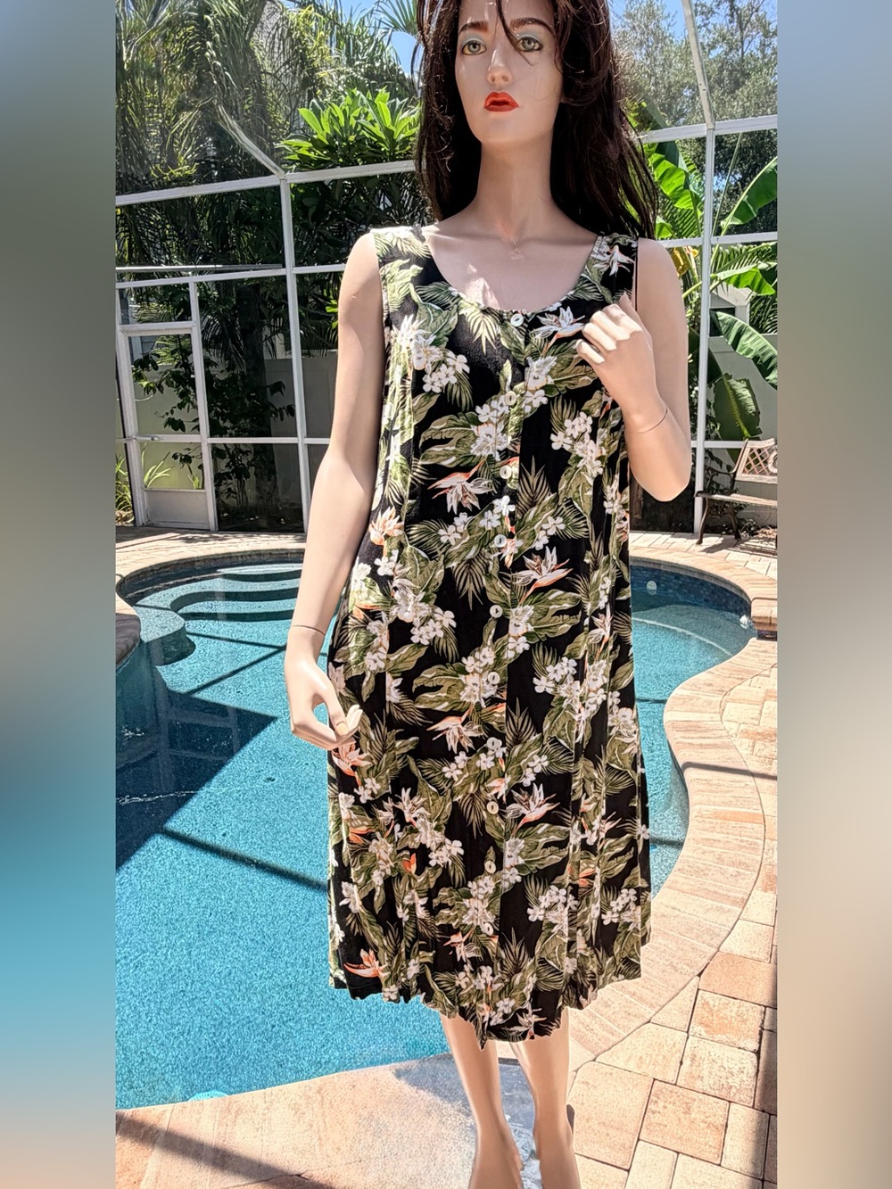 VTG 90s Koret Tropical Orchid Floral Midi Dress Vacation Hawaii Buttons Medium